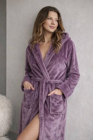 Женский мягкий халат из шлифованной махры (Двойной капюшон) Лаванда